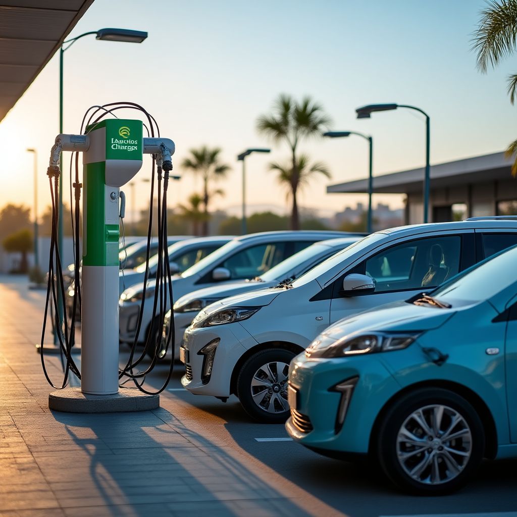 Vehículos eléctricos cargando estación EcoCharge